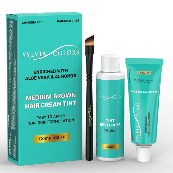 Professional Eyebrow Tint Kit Medium Brown | Complete Spot Coloring Solution with Dye Cream, 3% Developer, Applicator Brush, and Mixing Dish